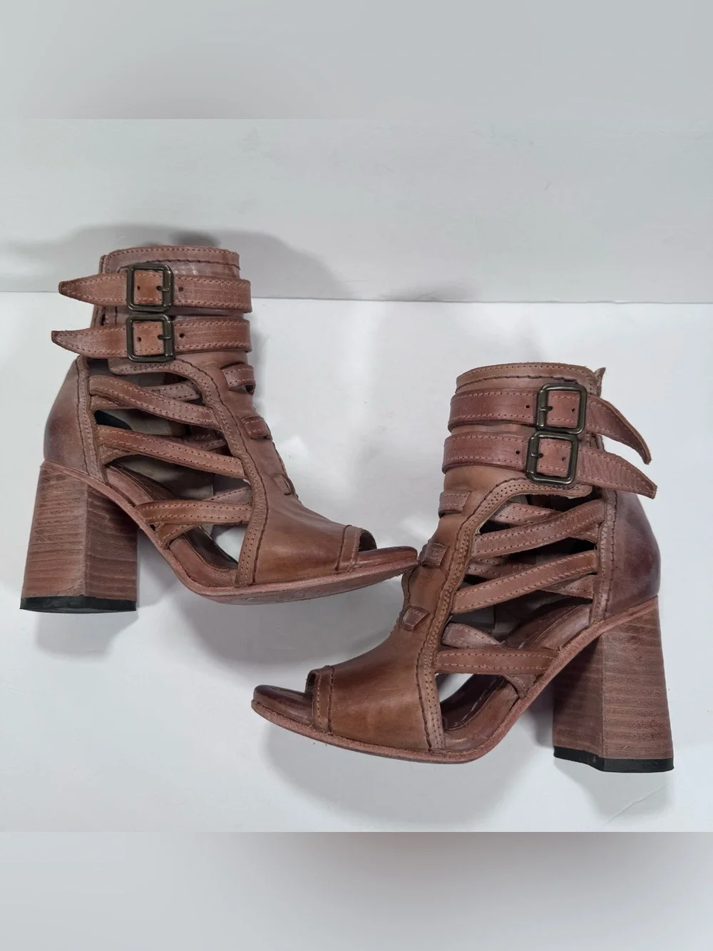 Freebird By Steven Tiara Tan Leather Chunky Block Heel Strappy Sandals Women 7